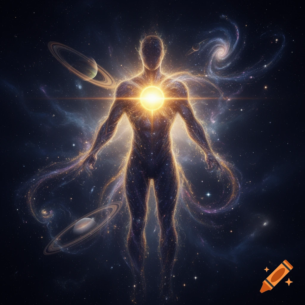 A glowing humanoid figure made of stars and gas, with a bright sun for a heart, stands amidst planets, rings, and galaxies in deep space.