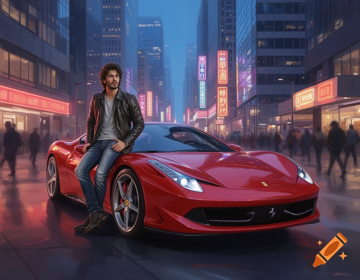 A man in a leather jacket and jeans poses casually on the hood of a red Ferrari in a neon-lit city street at night, in a photorealistic style.