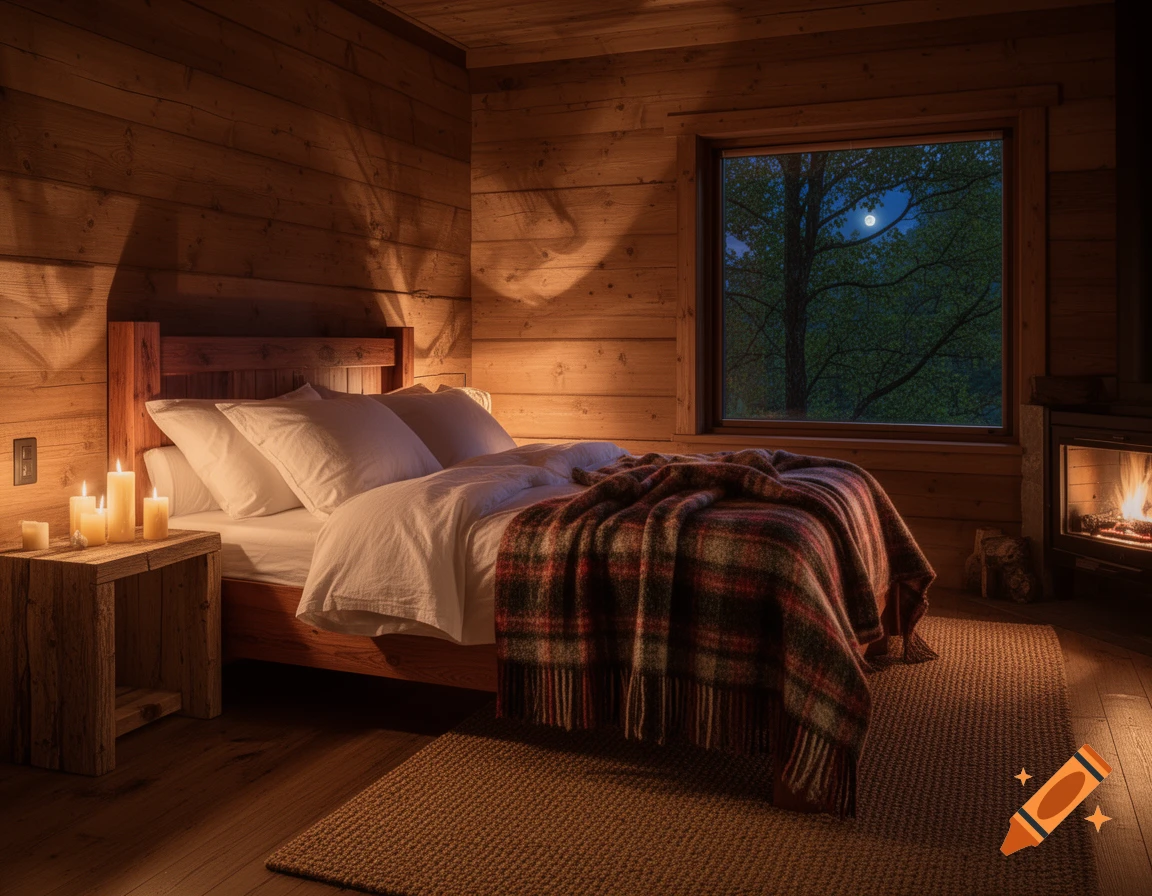 Cozy bedroom in a wooden cabin with a bed, lit candles, fireplace, and a window showing a moonlit forest.