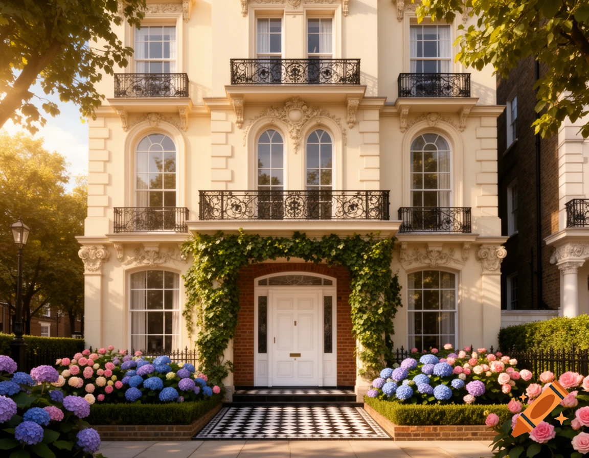 Elegant cream building with ornate balconies, ivy-clad entrance, and a checkered path flanked by pink and blue hydrangeas under a sunny sky.