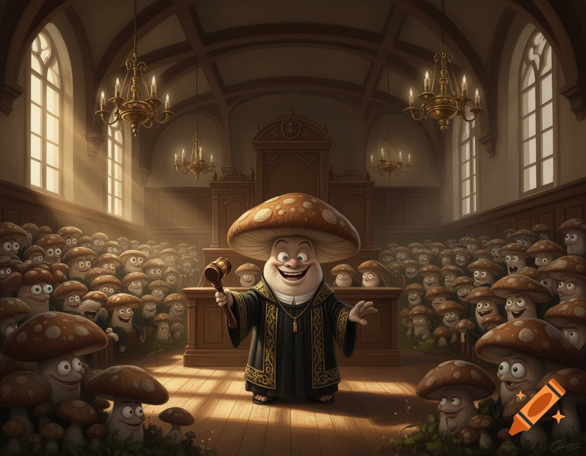 A cartoon mushroom judge in a black robe with a gavel stands in a courtroom filled with many small, wide-eyed mushroom onlookers.