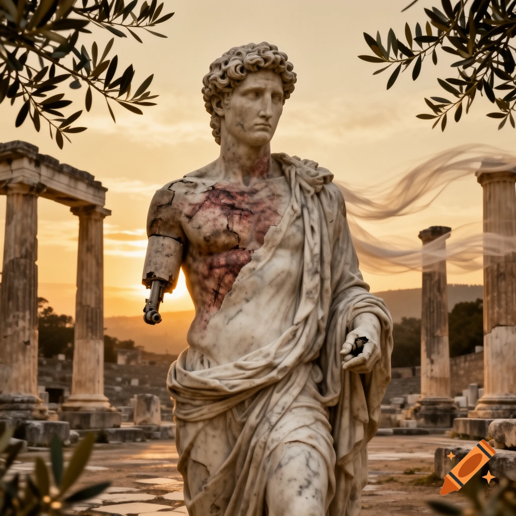 Photorealistic image of a classical Greek male marble sculpture with a mechanical arm and cracks revealing a red, damaged interior, standing in ancient ruins at sunset.