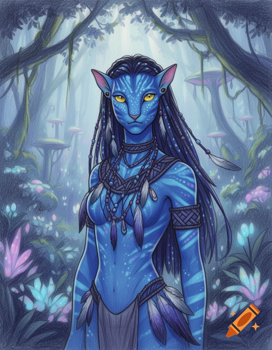 A blue-skinned Na'vi woman with yellow eyes, adorned in traditional attire, stands in a vibrant alien forest. Drawing style.