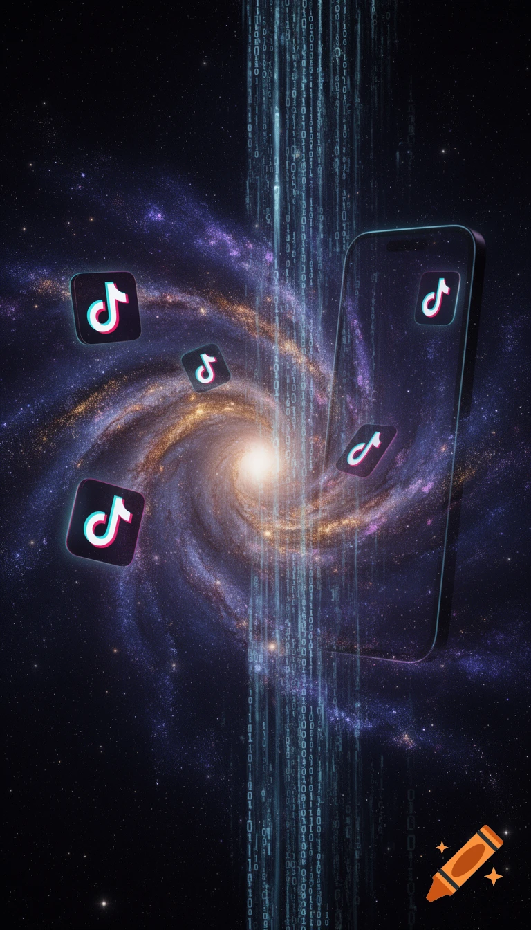 A spiral galaxy in dark space with glowing binary code streams, a transparent smartphone, and multiple TikTok logos floating around.