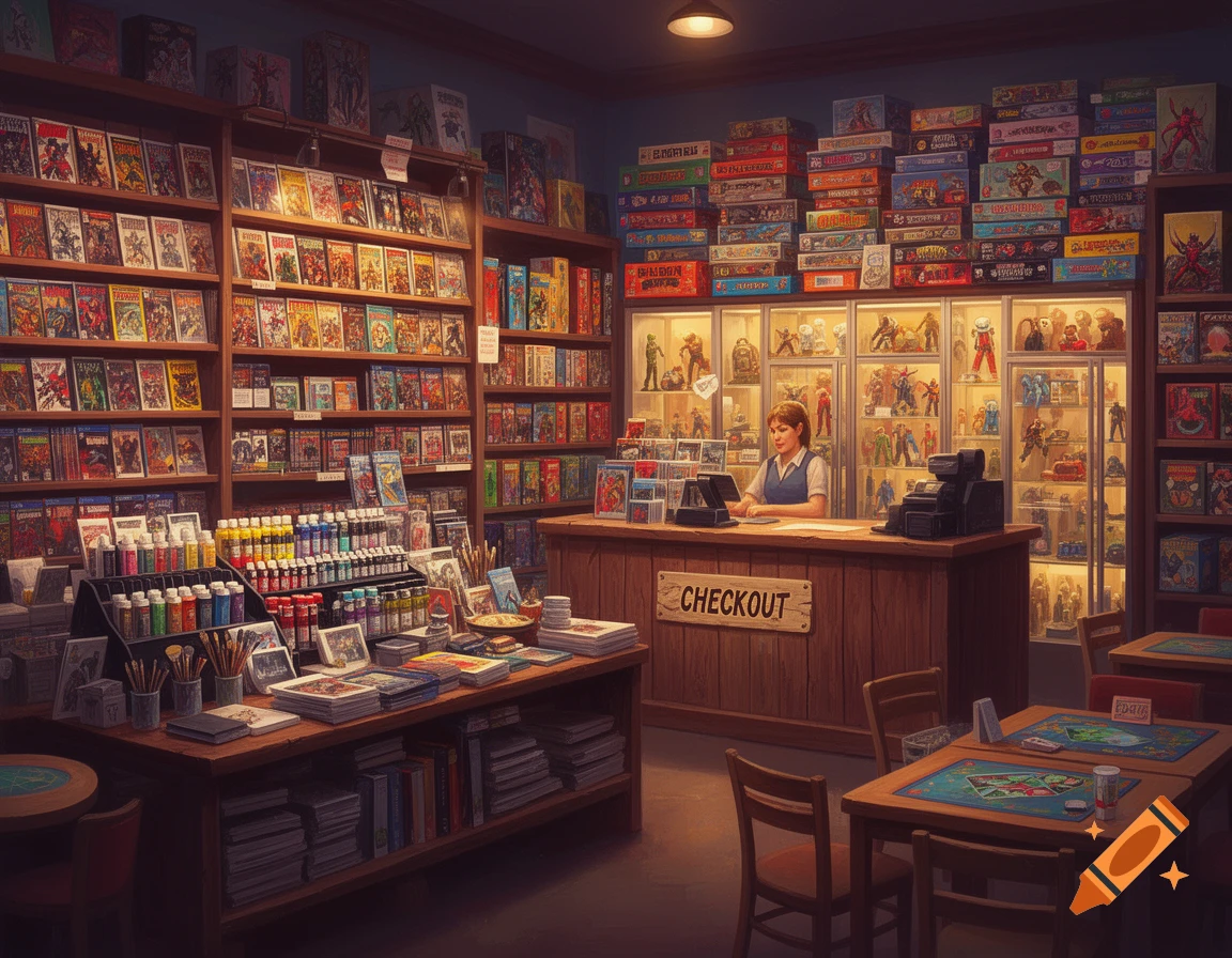 A vibrant comic book and game store with shelves full of products, a female employee at the checkout counter, and tables set up for playing games.