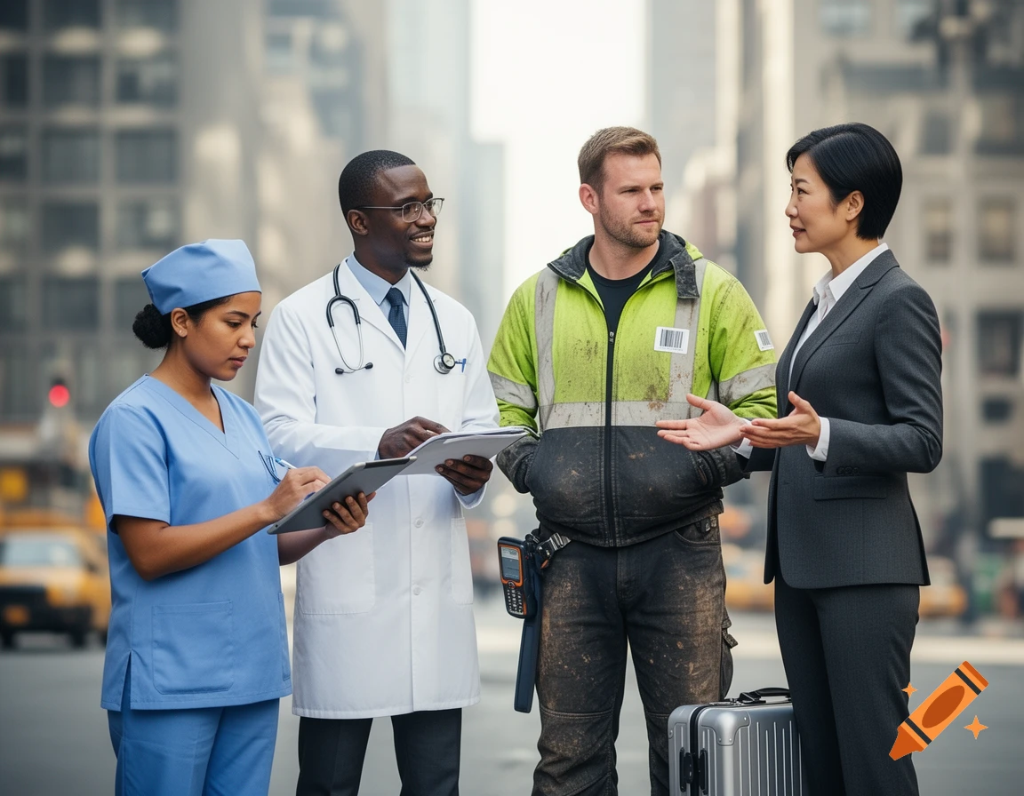 Four diverse professionals as a nurse, a doctor, a construction worker, and a businesswoman stand on a city street.