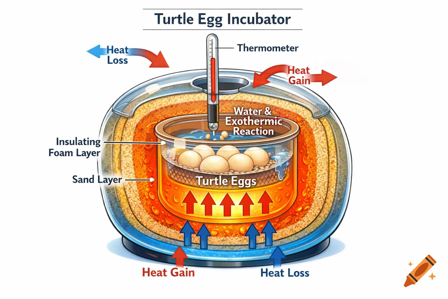 A cross-section diagram illustrating a turtle egg incubator with labeled components for heat gain and loss, including eggs, sand, foam, and a thermometer.