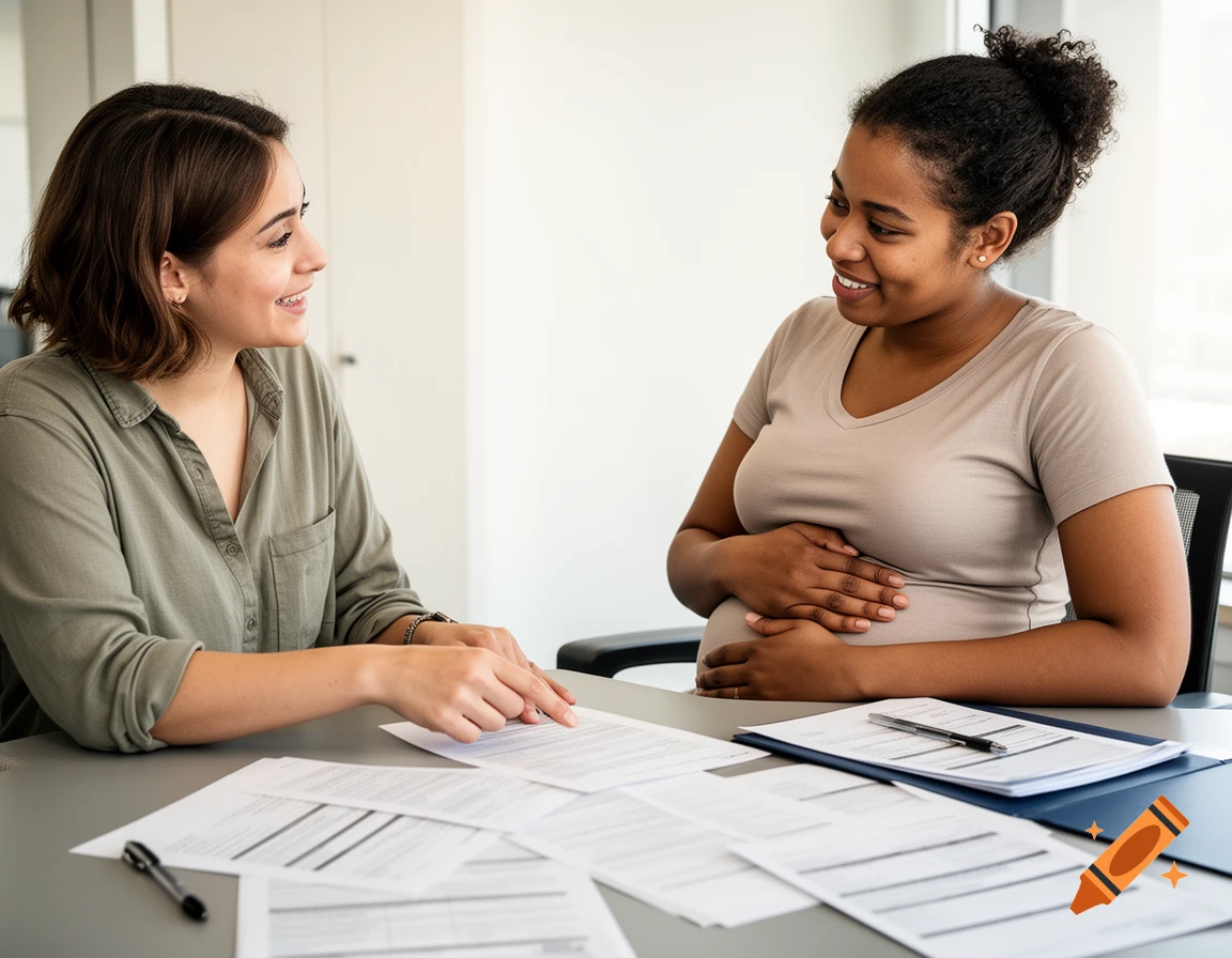 A consultant points to forms for a smiling pregnant woman in a bright office, both in casual attire.