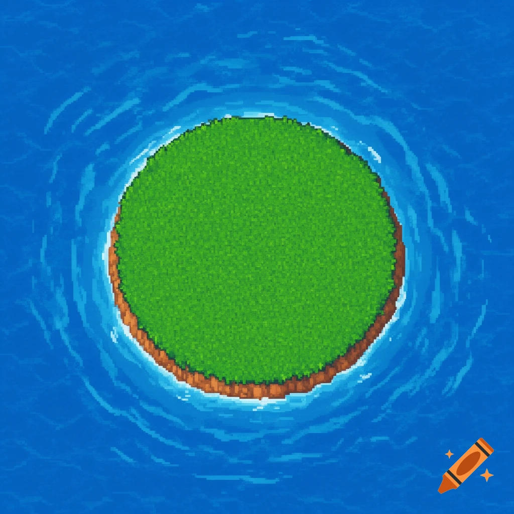 Top view pixel art of a circular green grassland island surrounded by blue water.
