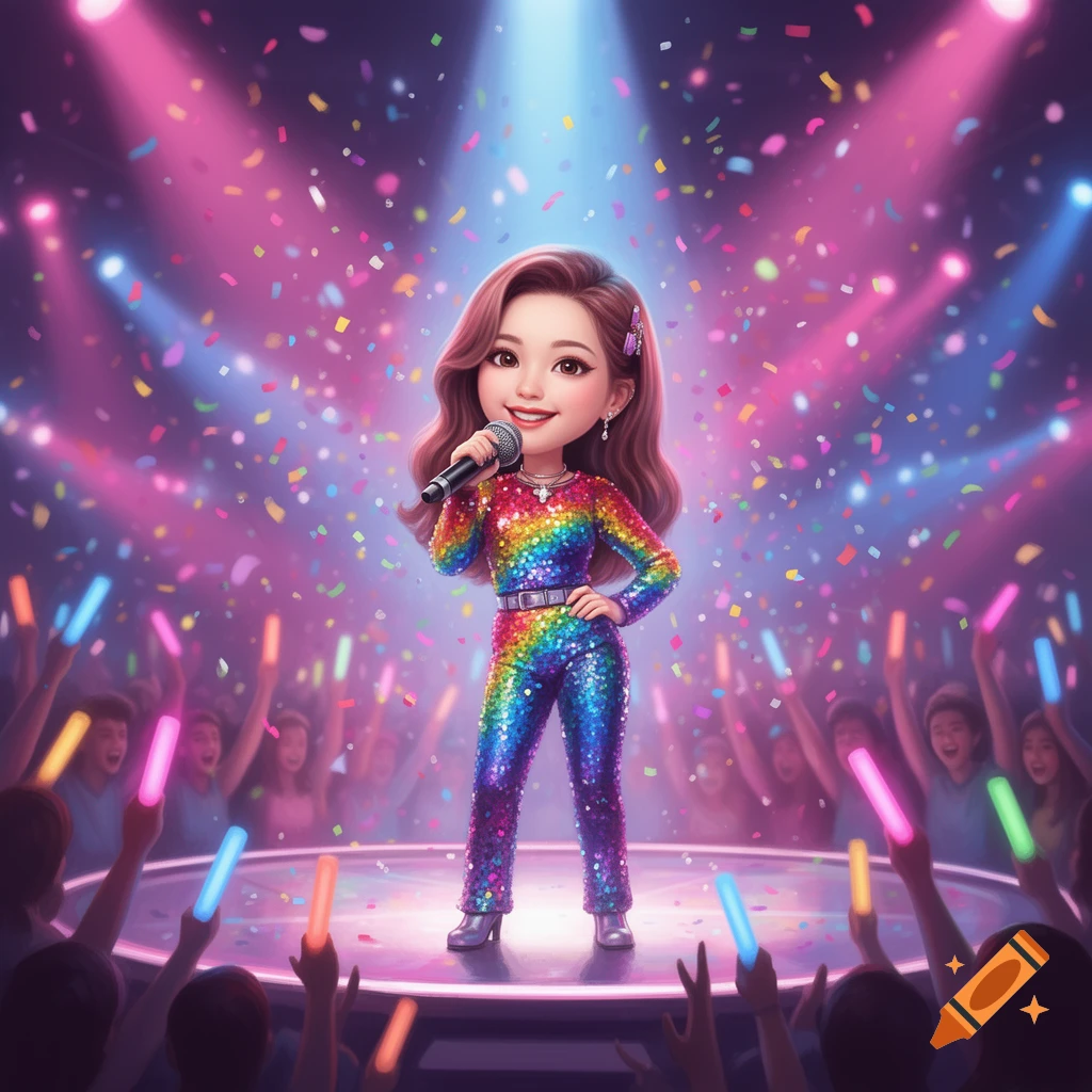 A cartoon Kpop singer in a rainbow sequin jumpsuit sings on stage under spotlights, with confetti falling and a cheering audience with glow sticks.