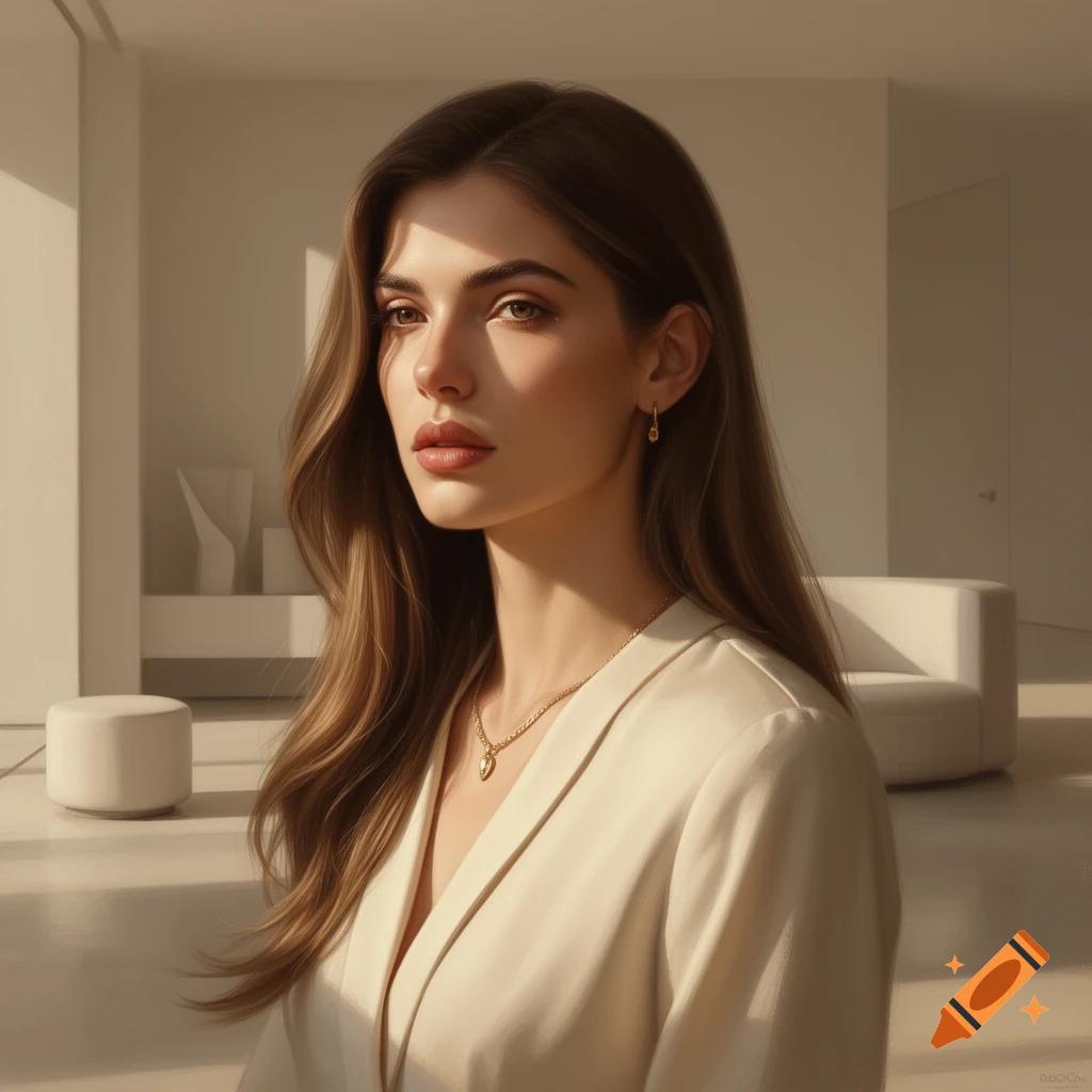 A photorealistic portrait of a young woman with long brown hair ...