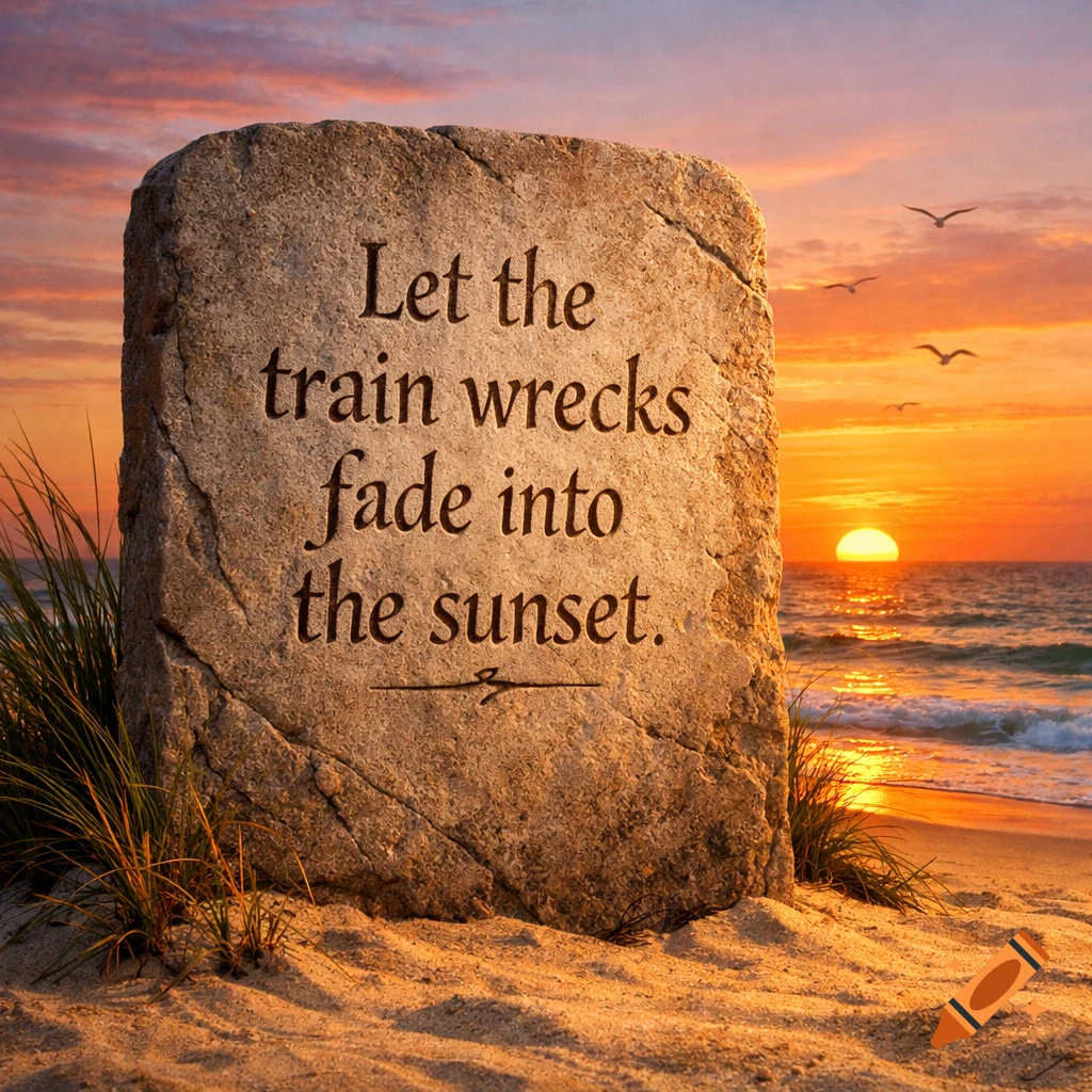 A photorealistic image of a stone slab with carved text "Let the train wrecks fade into the sunset" on a sandy beach at sunset.
