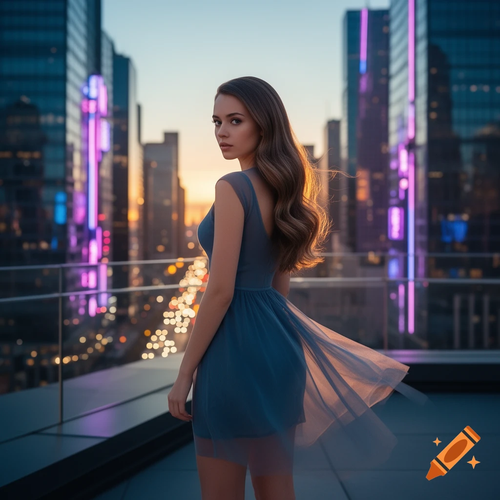 A woman in a blue dress looks over her shoulder on a city rooftop at sunset with bright city lights in the background.