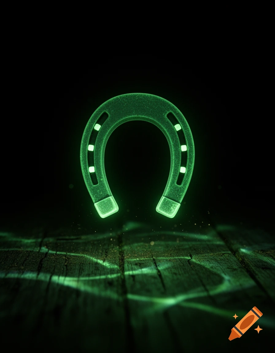 A luminous green horseshoe glows and floats above a dark, textured wooden surface, reflecting its light.