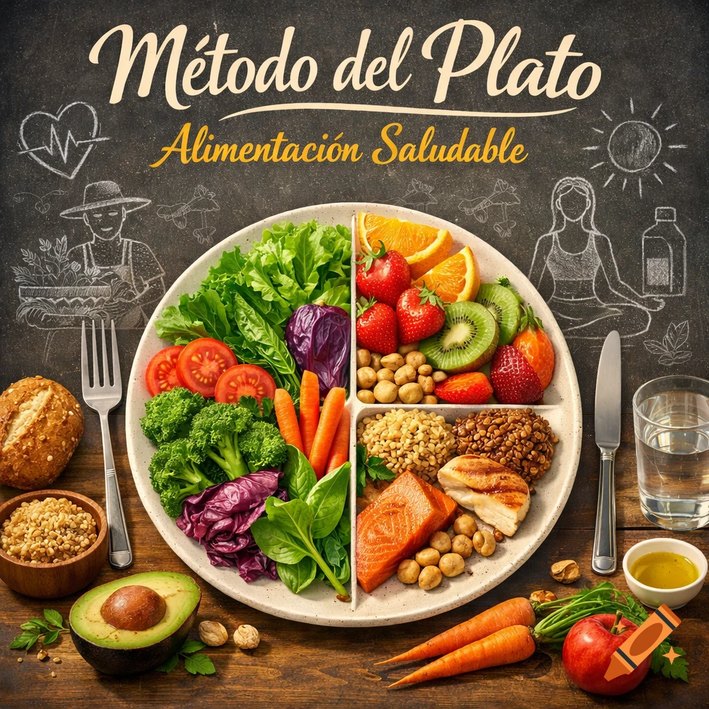 A divided plate filled with healthy foods like salmon, chicken, fruits, vegetables, nuts, and grains, on a wooden table with chalk drawings and text on a blackboard background.