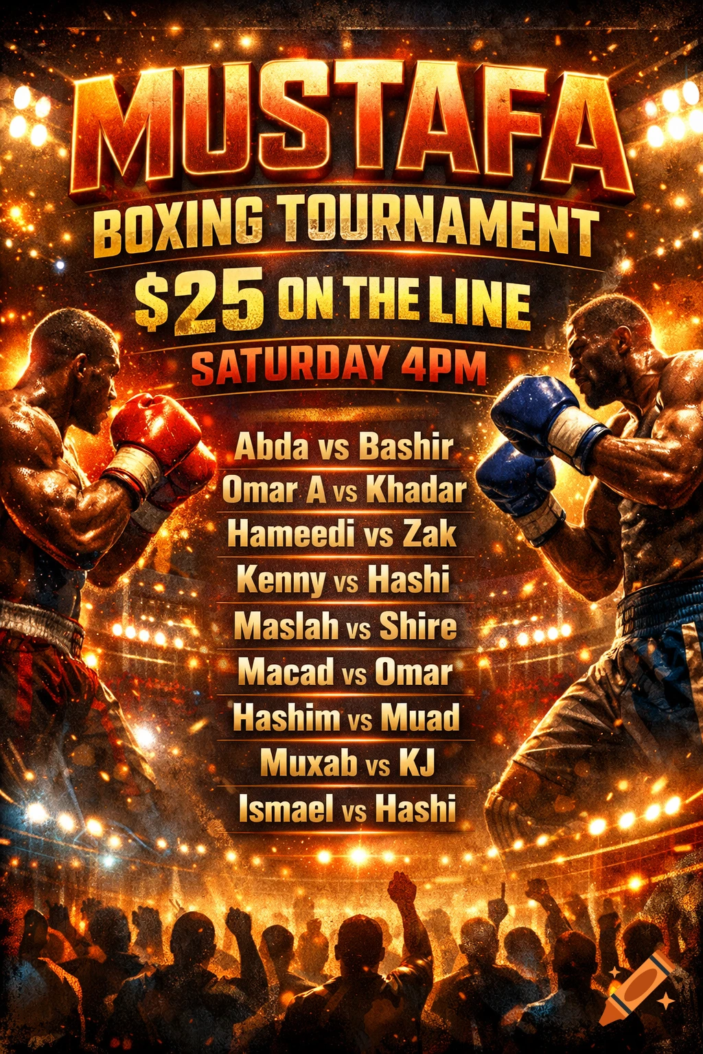 A vibrant boxing tournament poster featuring two boxers, 'Mustafa Boxing Tournament,' '$25 on the line,' 'Saturday 4PM,' and a fight card.