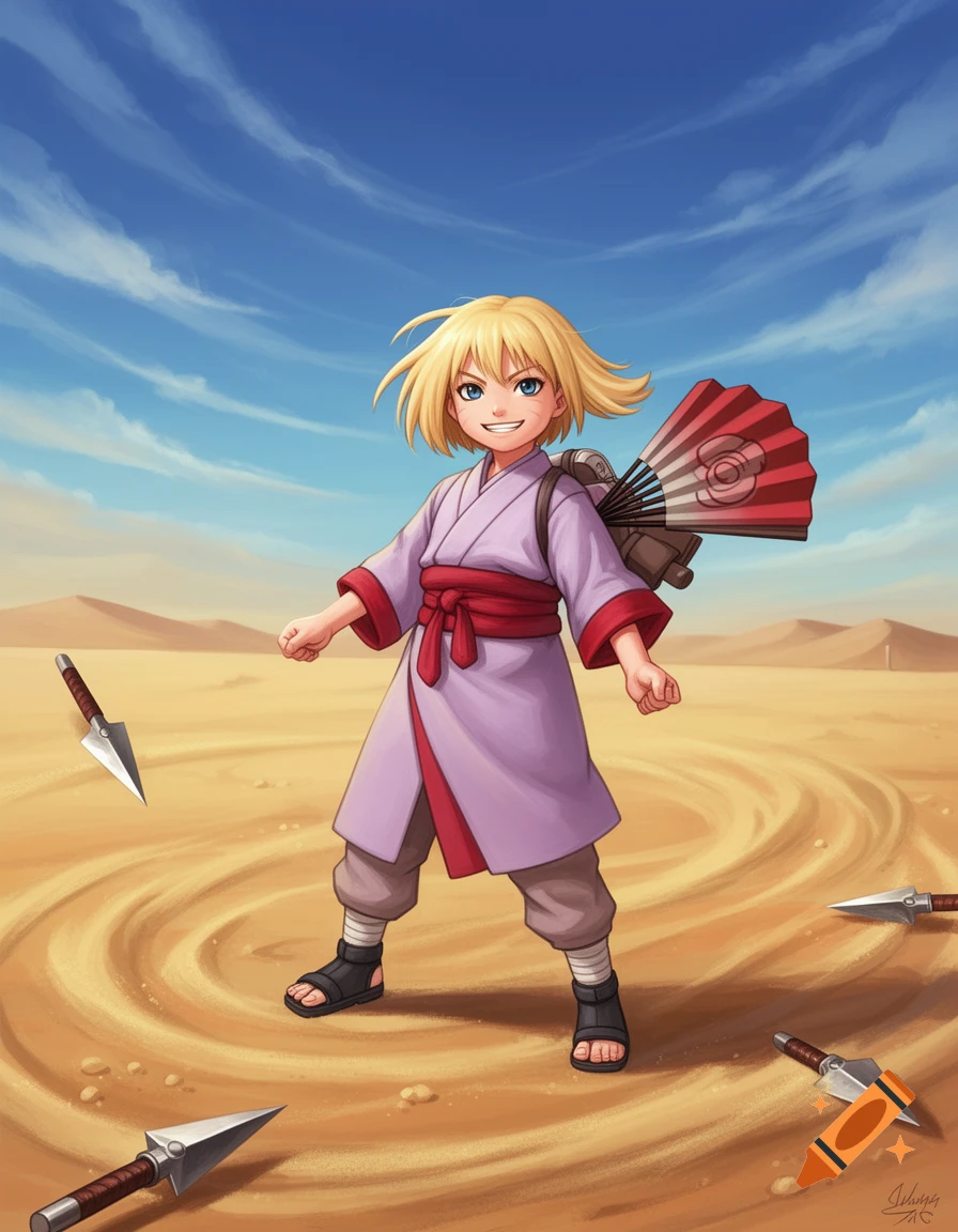 A smiling blonde anime girl, Temari from Naruto as a child, stands in a desert with throwing knives on the ground. She wears a lavender and red outfit and has a large red fan on her back.