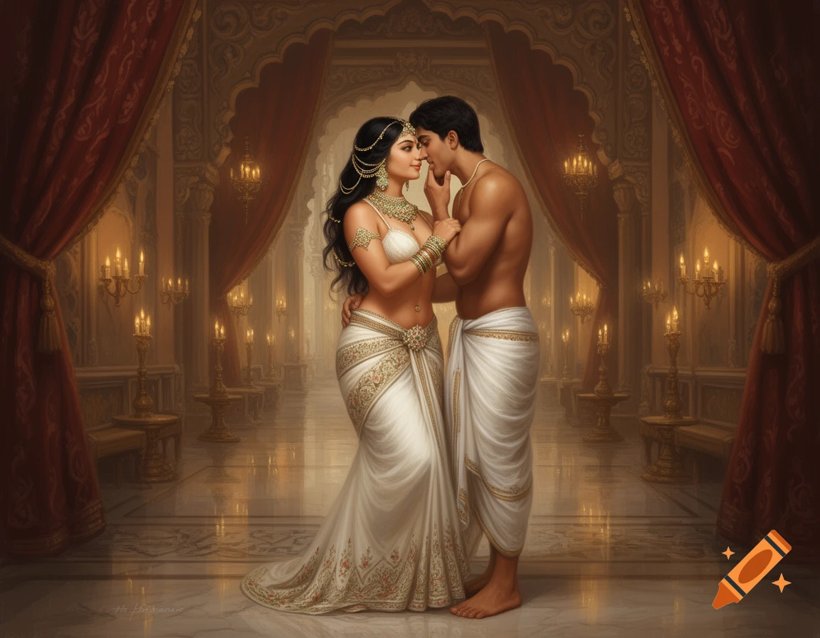 A traditionally dressed Indian couple embraces in a lavish royal palace hall, bathed in warm candlelight.