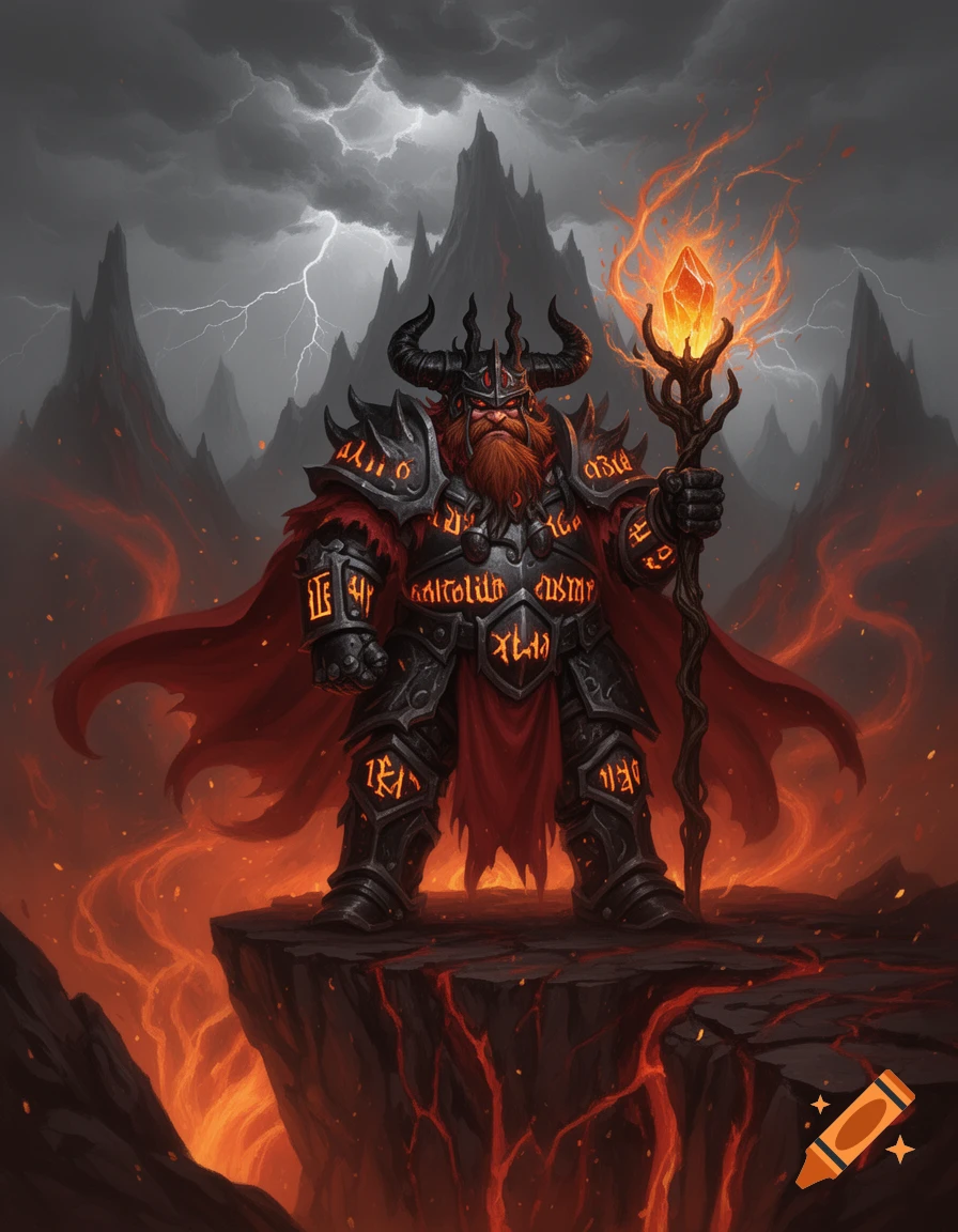 A horned dwarf in dark armor with glowing runes holds a flaming staff on a volcanic cliff under a stormy, lightning-filled sky in a dark fantasy style.