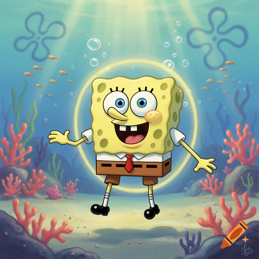 Spongebob Squarepants smiling underwater, surrounded by a glowing ring, coral, and small fish.