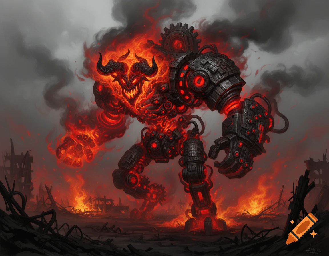 A flaming demonic creature fused with a gigantic battle machine stands ...