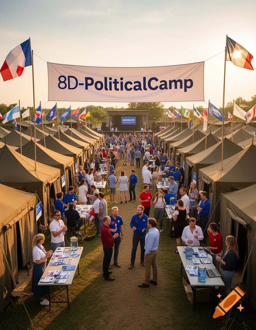 A large political camp with many people socializing between rows of tents and tables, under a banner reading '8D-PoliticalCamp' and flying flags.
