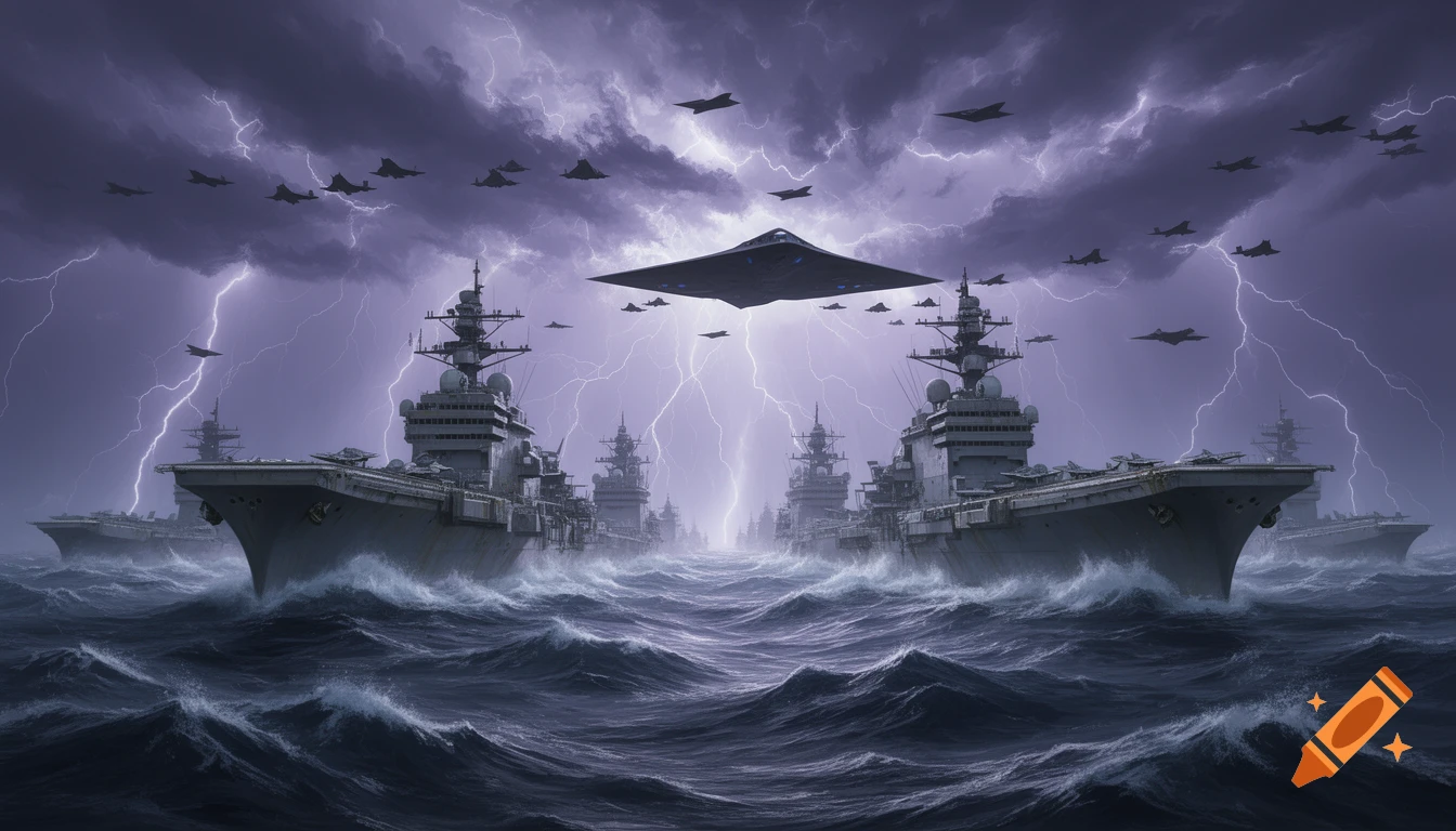 Photorealistic image of a military fleet with warships and aircraft carriers on a stormy sea with lightning, fighter jets and a B2 bomber overhead.