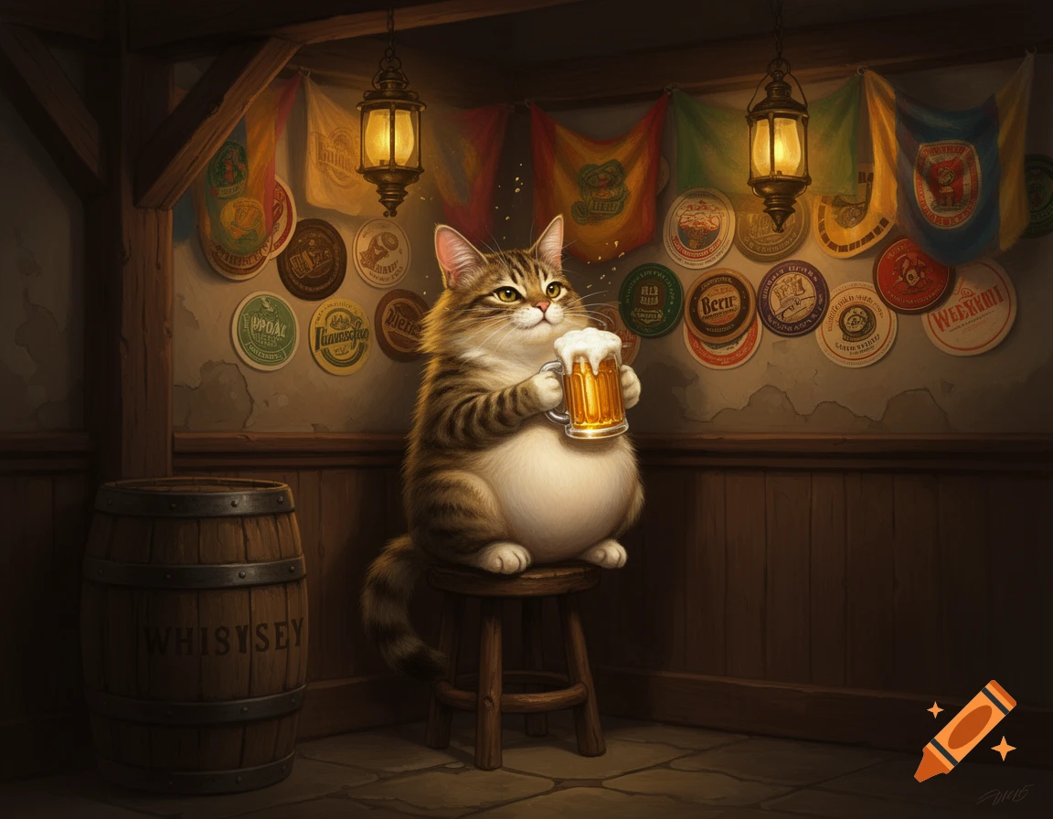 A portly, tabby cat sits on a stool in a dimly lit tavern, holding a frothy mug of beer.