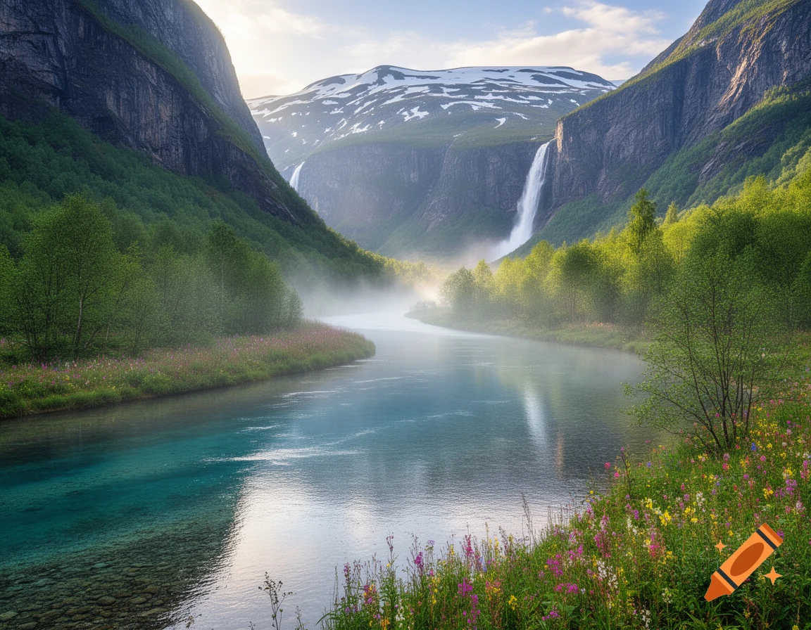 A majestic valley with a clear turquoise river winding through a misty forest between steep, green mountains and two large waterfalls under a bright sky.