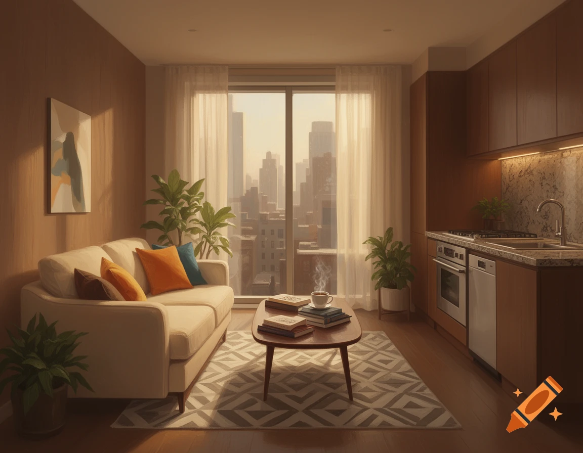 A sunlit studio apartment features a living area with a beige couch and colorful pillows, a wooden coffee table with books, and potted plants. A large window offers a city skyline view. To the right is a compact kitchen with wood cabinets and marble backsplash.