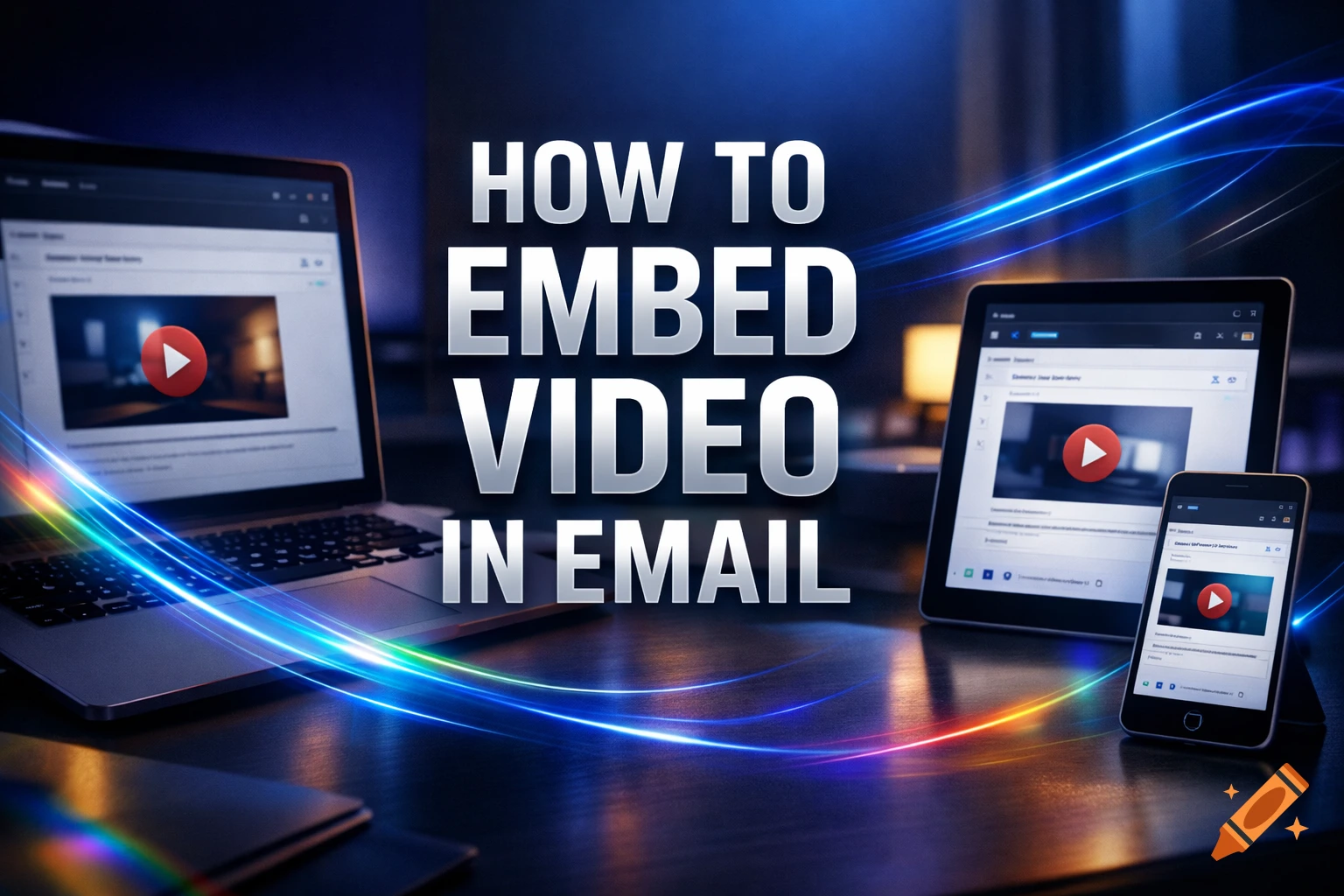 Laptop, tablet, and smartphone on a desk displaying video players, with the text 'HOW TO EMBED VIDEO IN EMAIL' in the center, glowing blue lines crossing the image.