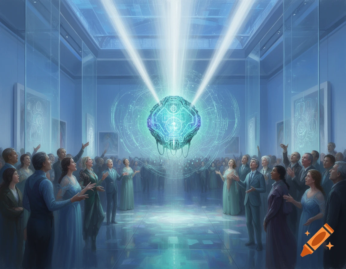 A crowd of people in a museum-like room gaze up at a glowing, futuristic orb of artificial intelligence, bathed in light.