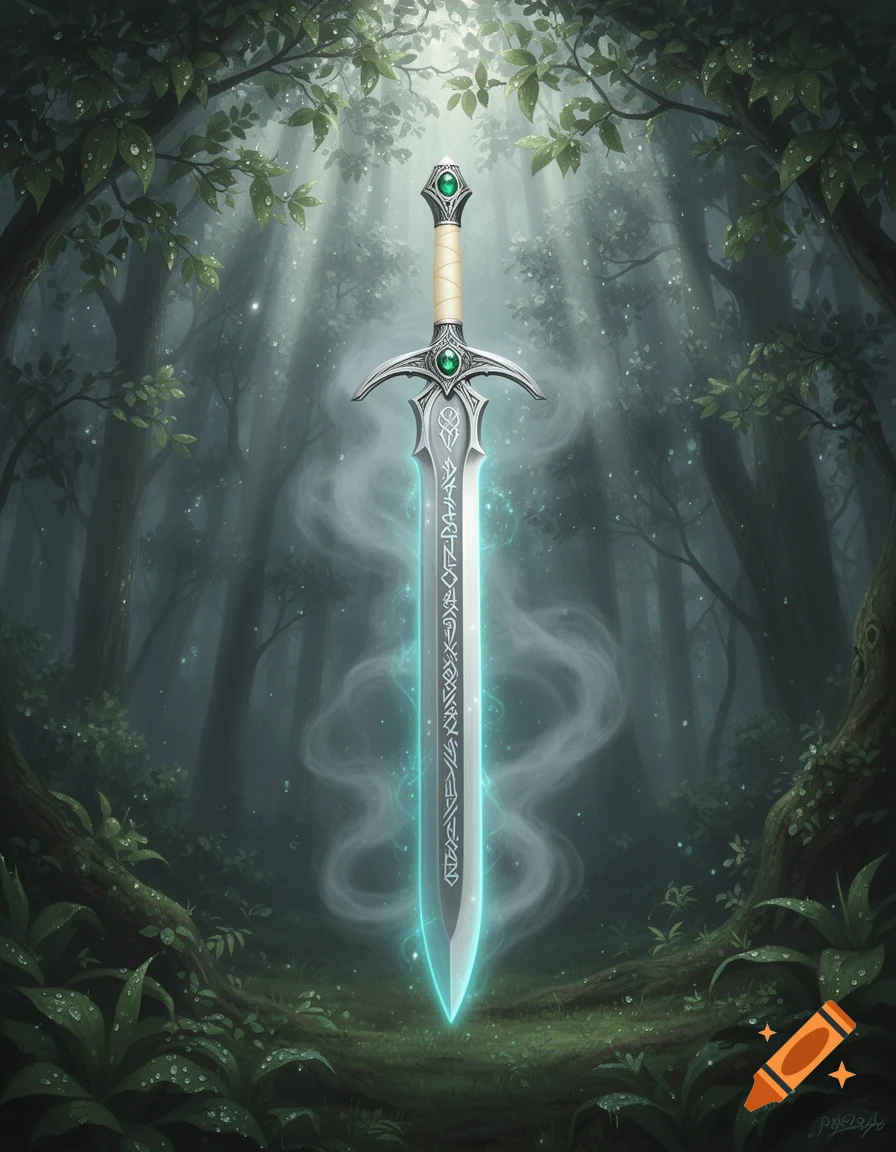 An ornate, glowing fantasy sword with green gems and runes stands in a mystical forest with light rays.