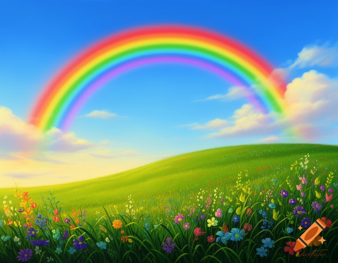 A vibrant rainbow arches over a lush green hill covered in colorful wildflowers under a bright blue sky, in an illustrated style.