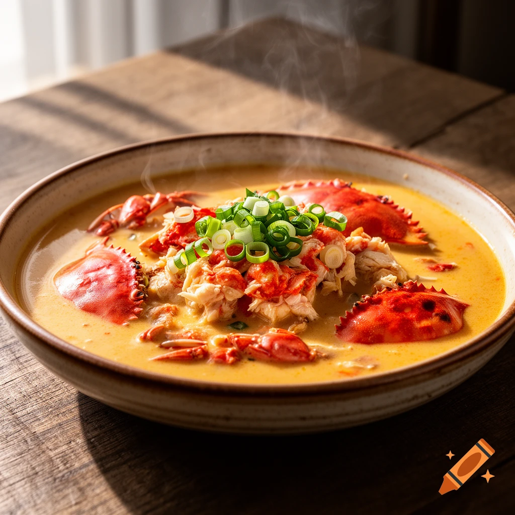 A close-up shot of a steaming bowl of crab fat stew, garnished with chopped green onions, on a wooden table.