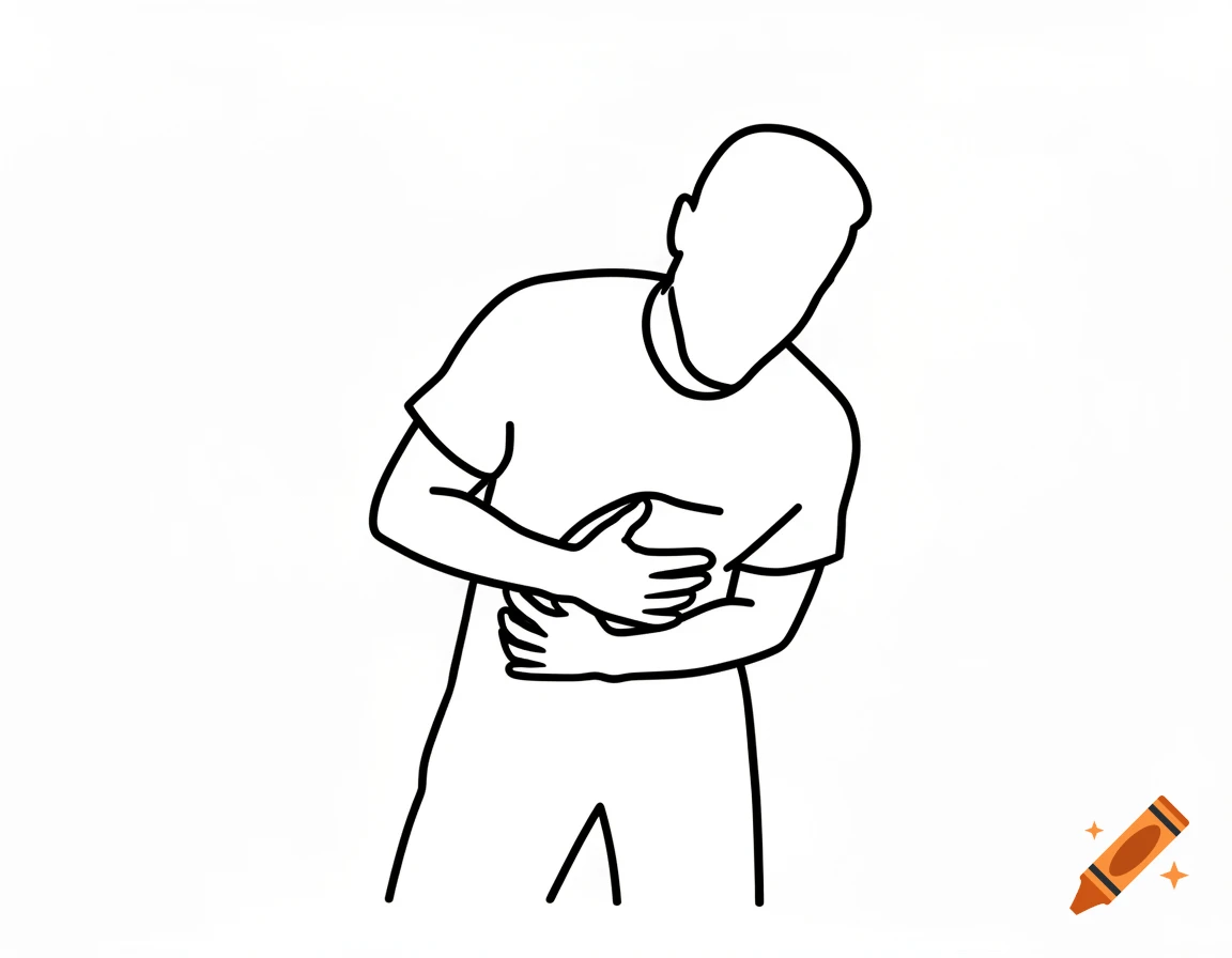 A simple black outline drawing of a person holding their abdomen, appearing to be in pain or performing a self-Heimlich maneuver.