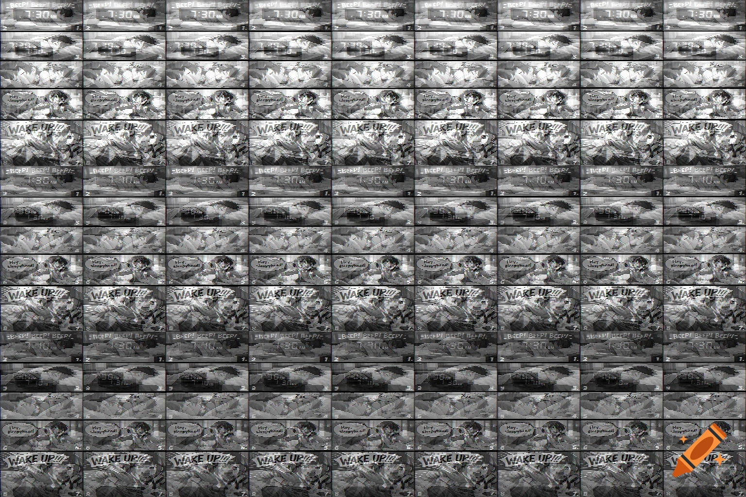 A heavily pixelated and distorted black and white grid depicting multiple anime-style panels, showing an alarm clock and a character in bed with text like 'WAKE UP!!!' and '1:30' visible amidst scanlines.