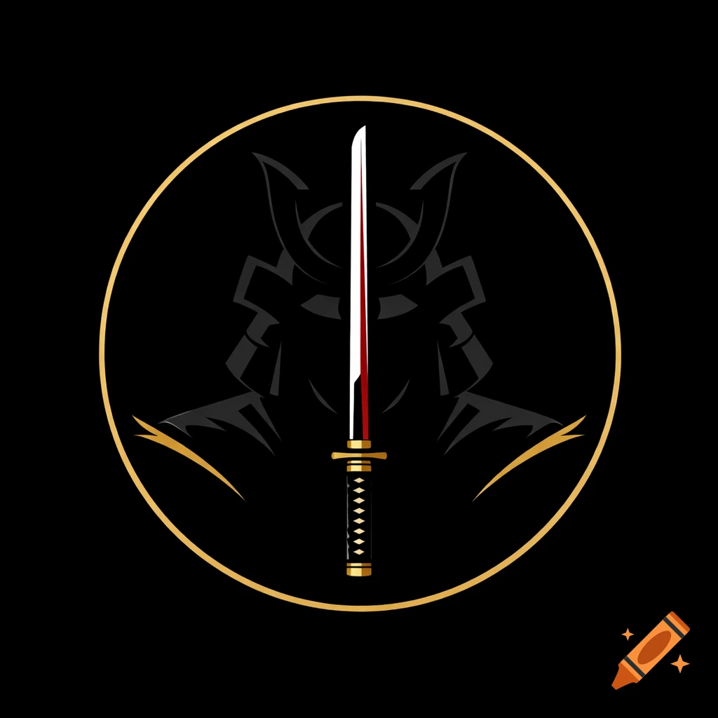 A minimalist logo featuring a black samurai helmet silhouette and a white, red, and gold katana, set within a golden circle on a black background.