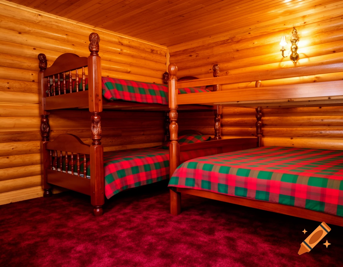 A rustic bedroom with wooden bunk beds, red and green plaid bedding, dark red carpet, and wood paneling walls.