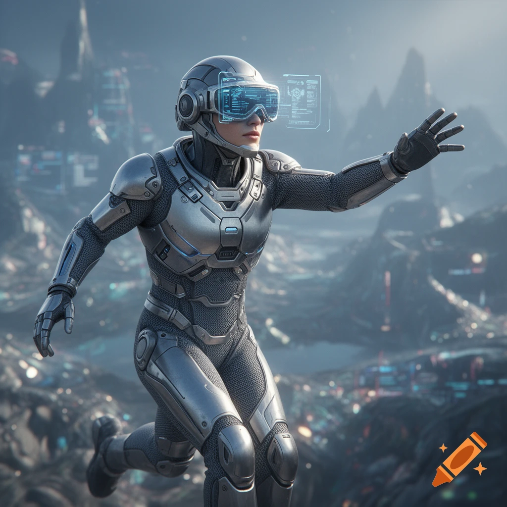 A person in a futuristic silver and gray armored suit with VR goggles running through a detailed sci-fi landscape.