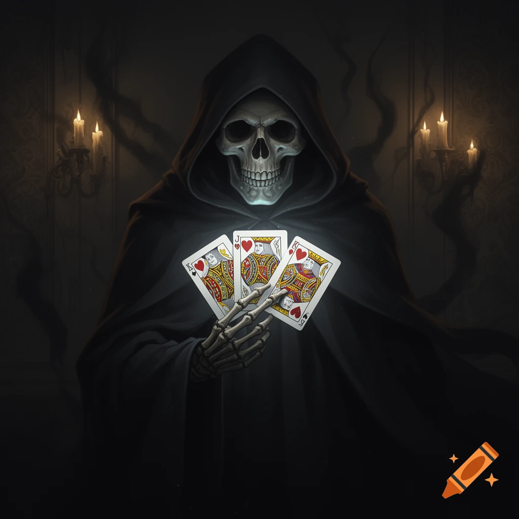 A skeletal figure, wearing a dark hooded cloak, holds four glowing playing cards in a dark, candlelit room.