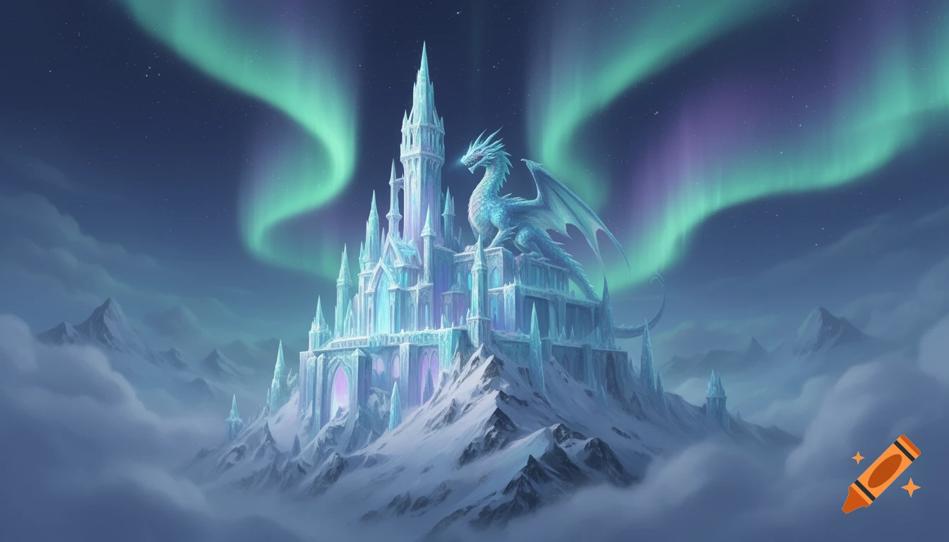 Ice castle with an ice dragon on a snowy mountain under a vibrant aurora borealis.