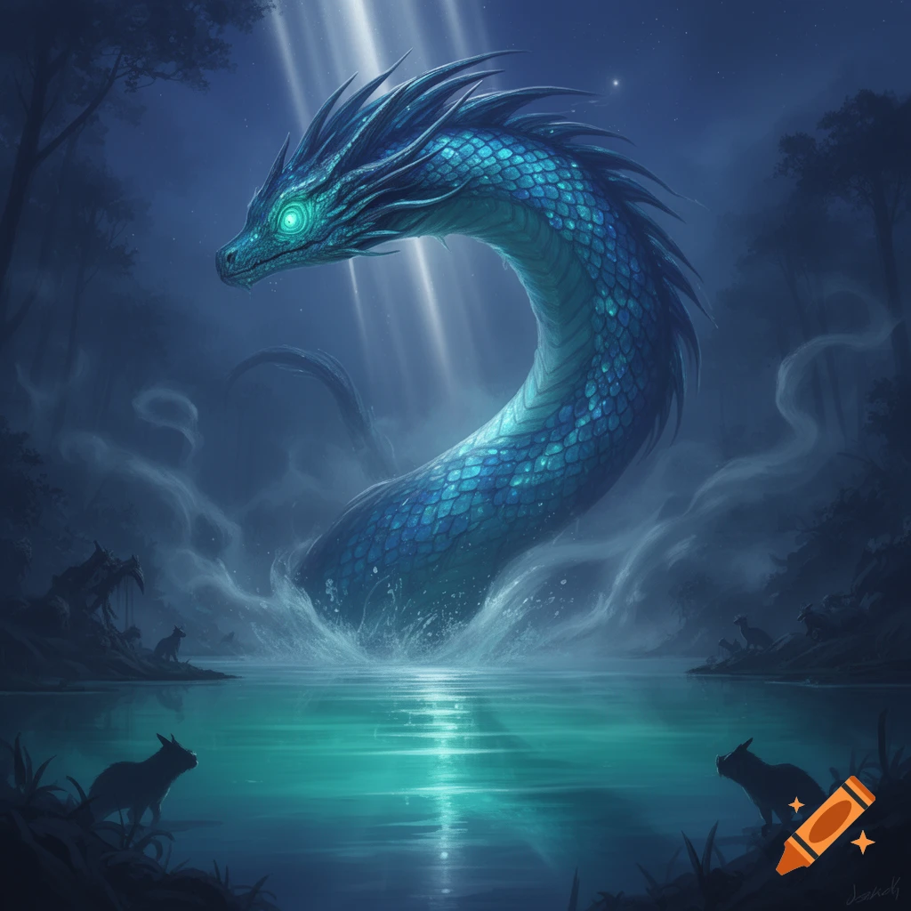 A majestic blue-green scaled water dragon with glowing eyes emerges ...