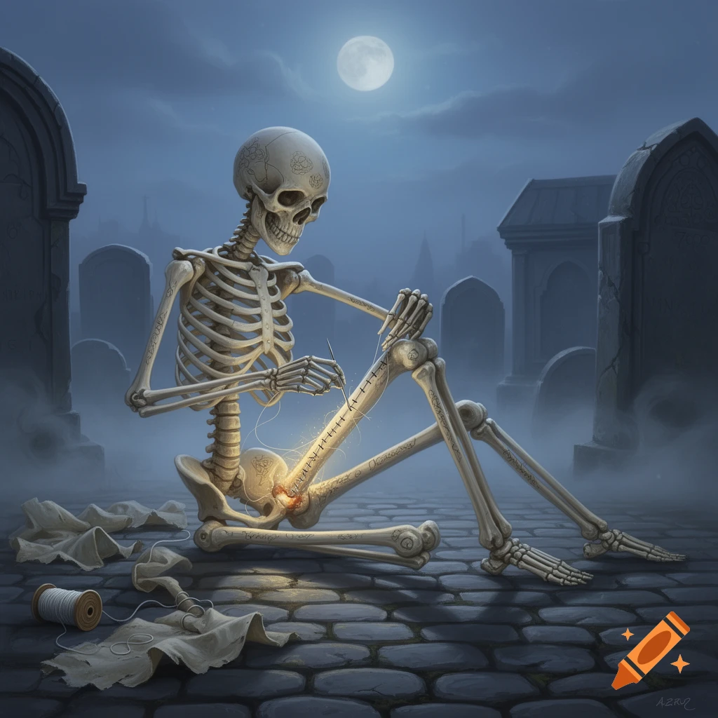 A skeleton sits in a misty graveyard under a full moon, stitching its leg with glowing thread. Fantasy art.