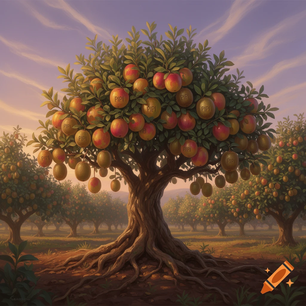 An orchard landscape with trees bearing red apples and green kiwi-like fruits, many labeled 'PIPI', under a cloudy sky.