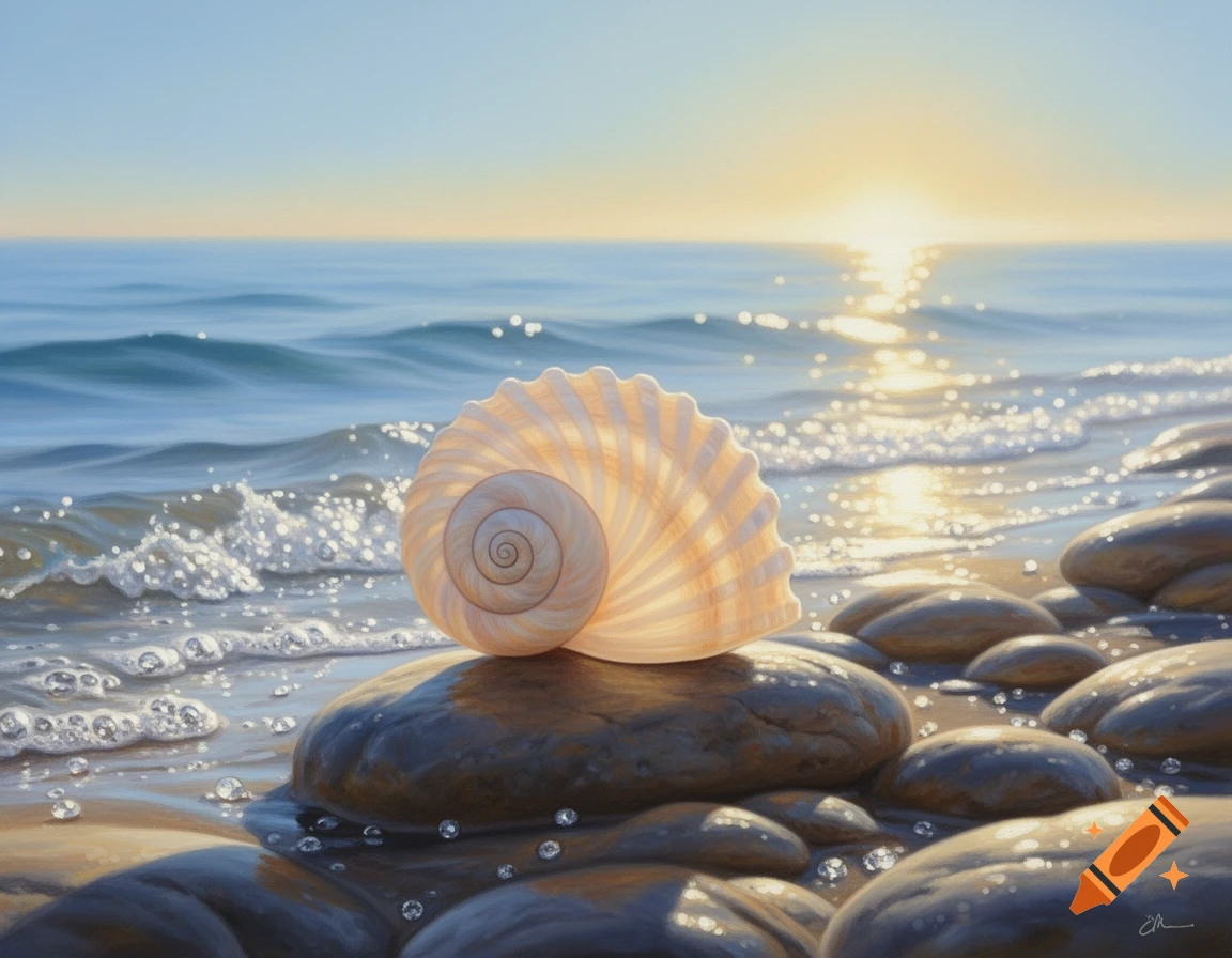 Photorealistic image of a spiral seashell on wet rocks on a beach with ocean waves and a sunset reflecting on the water.