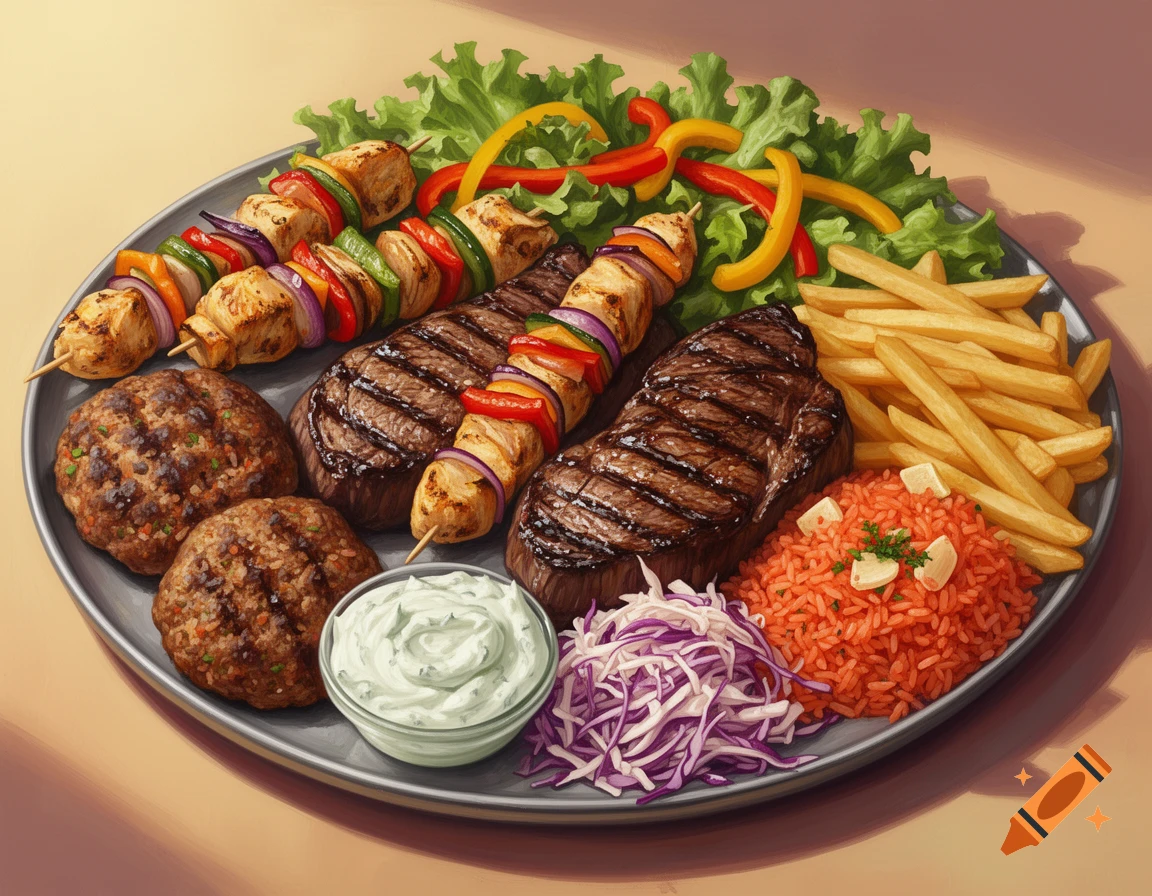 A large platter filled with grilled steaks, chicken skewers, meat patties, French fries, red rice, tzatziki, and a fresh salad.