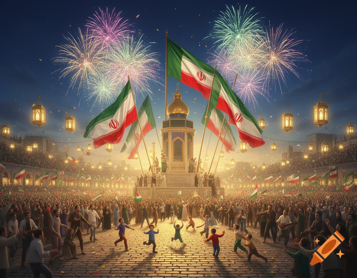 A large, jubilant crowd celebrates under a night sky lit by colorful fireworks and lanterns. Iranian flags wave over a central monument.