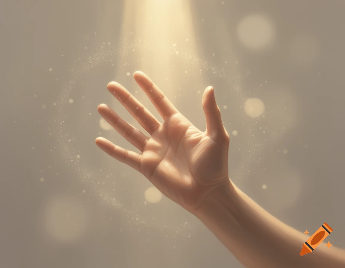 An outstretched hand reaches upwards into a bright beam of light, surrounded by shimmering dust particles.