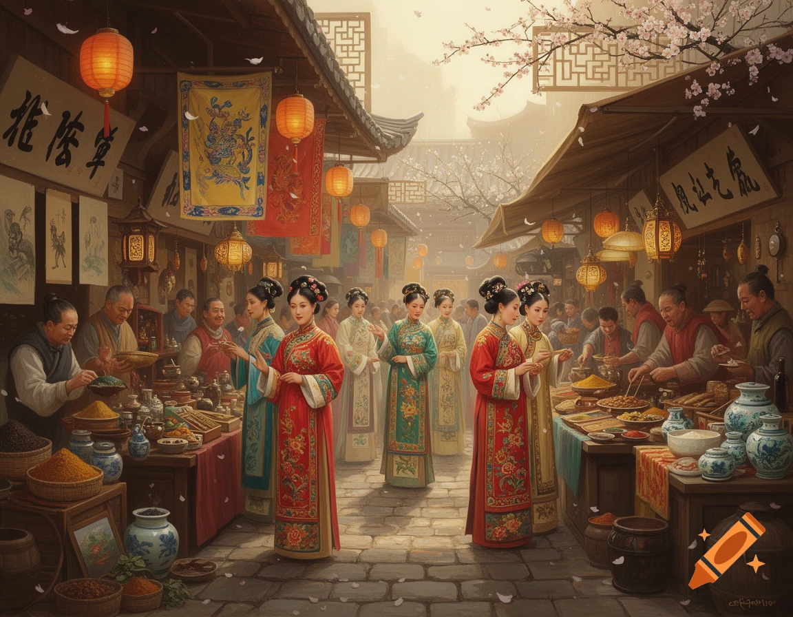 A detailed illustration of a bustling Ming dynasty marketplace with merchants, patrons, and women in traditional clothing engaging in commerce.